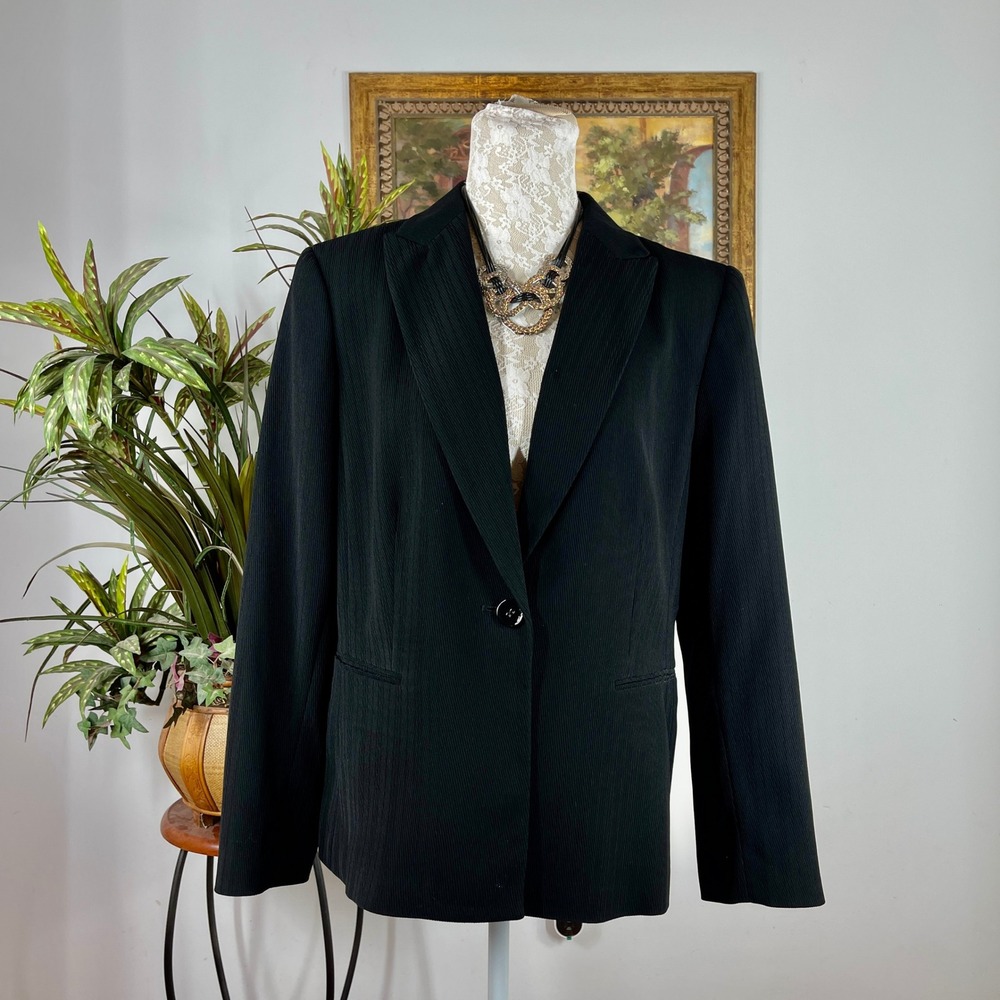 Kasper Blazer Women 14 Black Polyester Ribbed Single Button Business Career